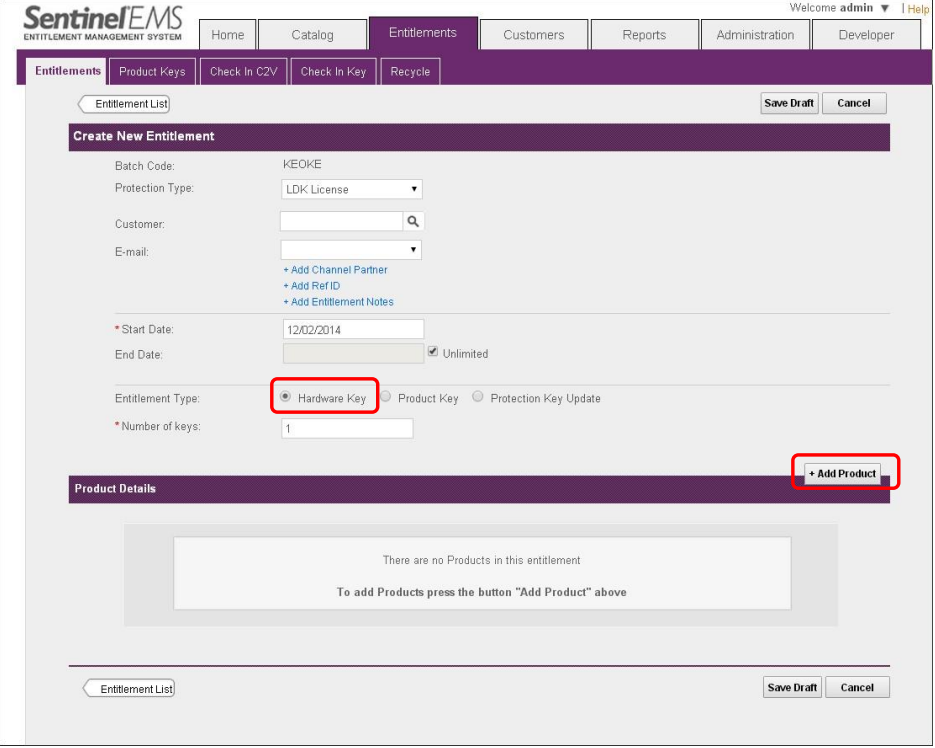 使用”New Entitlement”新建一个 Entitlement，在”Entitlement Type”中选择”Hardware Key”： 使用”Add Product”，添加已经定义完成的产品： 进入 Entitlements 选项: